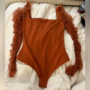 Free People long mesh sleeve raffle polka dot bodysuit rust orange Small